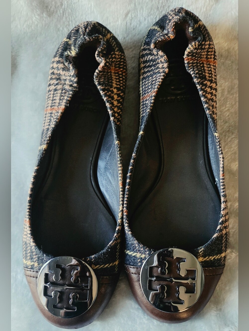 Plaid Ballet Flats with Logo Medallion - Black/Brown
